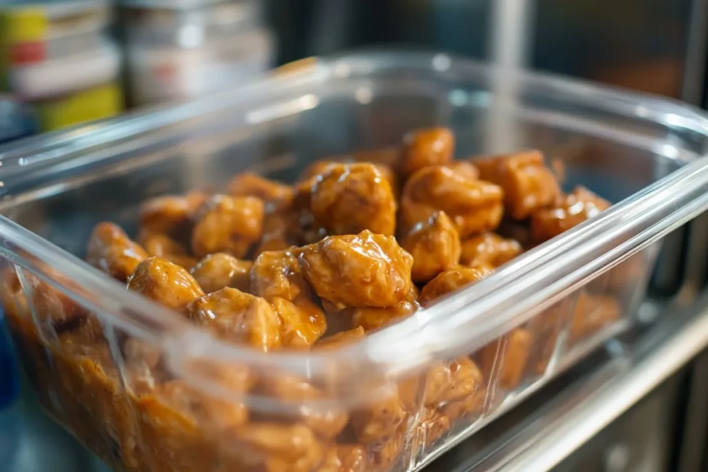 Leftover peanut butter chicken stored in an airtight container