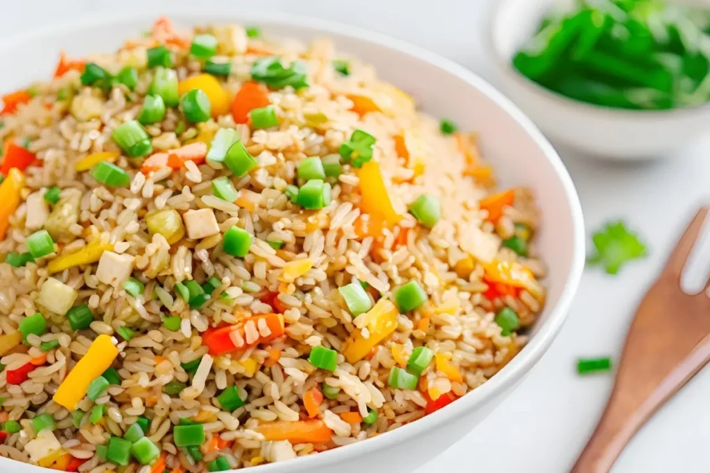 A plant-based version of Chinese fried rice with tofu and vegetables