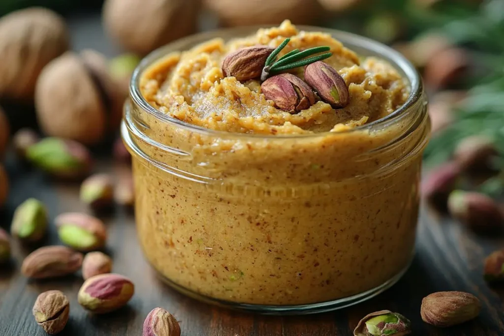 Creamy pistachio butter in a jar with pistachios around