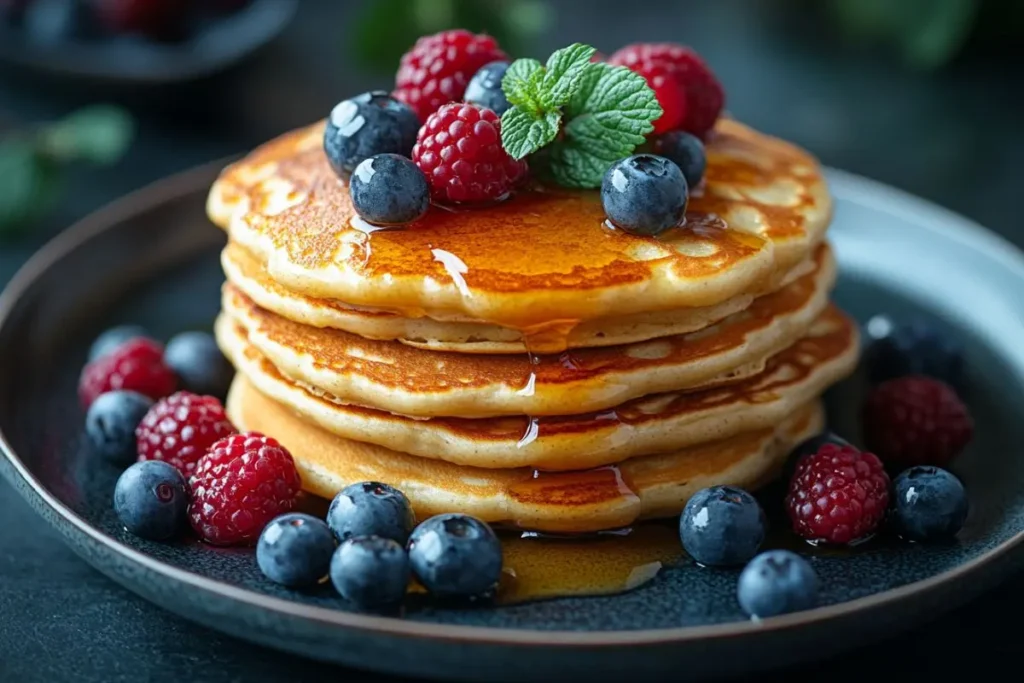 Pistachio butter being drizzled over pancakes 