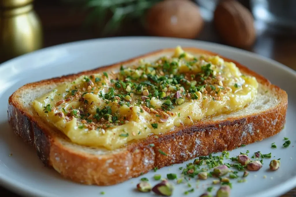 Spoonful of pistachio butter on toast 