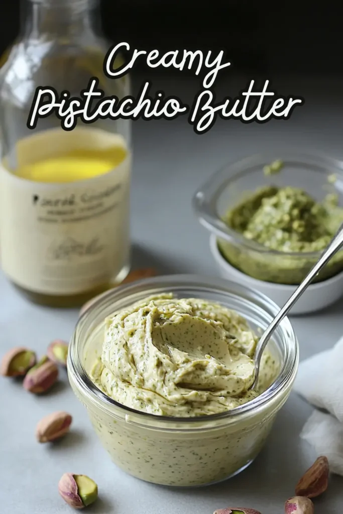 Creamy pistachio butter in a glass bowl with a spoon, surrounded by pistachios and oil.
