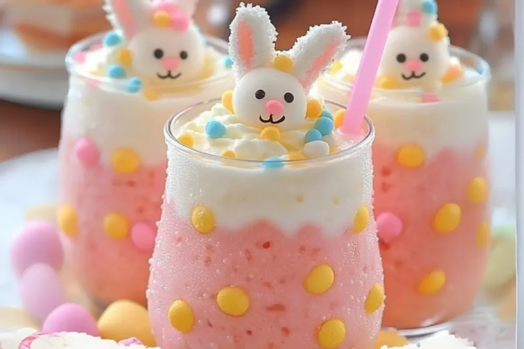 Glass of pink Easter Bunny Punch topped with whipped cream and a candy bunny, decorated with pastel dots