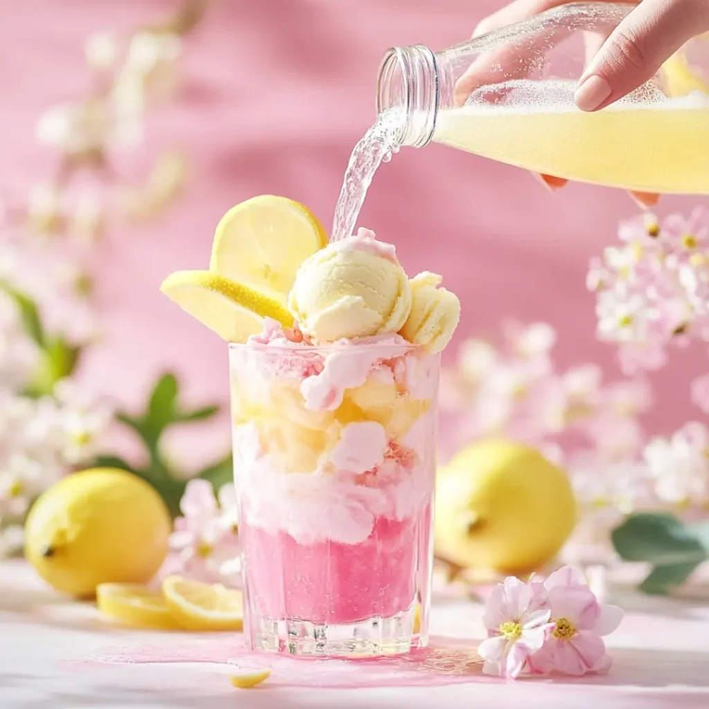 Flat lay of ingredients for Easter Bunny Punch including vanilla ice cream, pink marshmallows, and pineapple juice