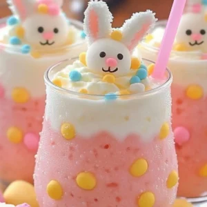Glasses of Easter Bunny Punch with whipped cream, candy dots, and marshmallow bunny toppers.