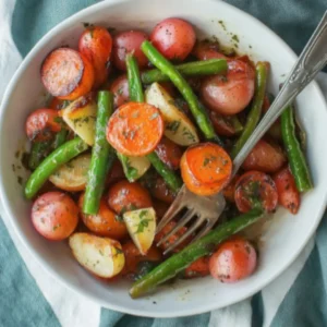 Bowl of garlic herb roasted vegetables with green beans, carrots, and red potatoes