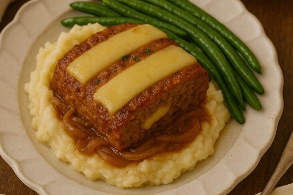 Crockpot French Onion Meatloaf with Swiss Cheese: A Comfort Food Classic Done Right 6 Crockpot French onion meatloaf served with mashed potatoes