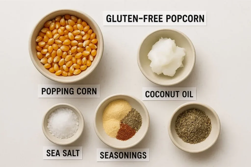 Gluten Free Popcorn: Snack Smart with This Crunchy Favorite 5 gluten free popcorn ingredients flat lay