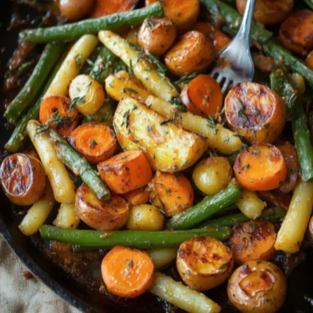Garlic Herb Roasted Vegetables Roasted carrots, yellow potatoes, and green beans on a pan with garlic and herbs