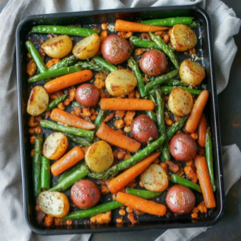 Sheet pan with roasted potatoes, carrots, asparagus, and green beans